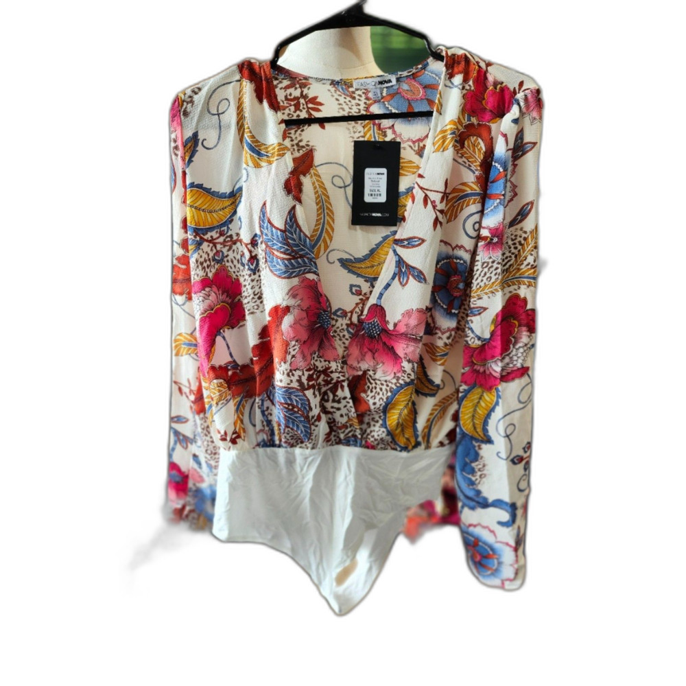 Fashion Nova Cream Floral Long Sleeve Bodysuit – Women’s Size XL (NWT)